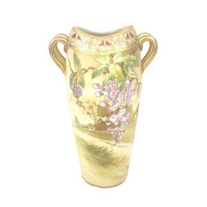Hand Painted Nippon Moriage Vase With Wisteria Design Gold Accents & Double Hand